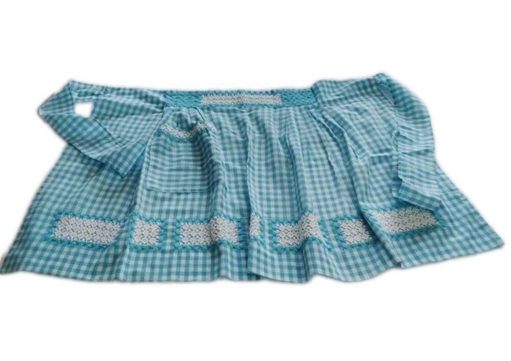 Vintage Style Gingham Blue & White Half Apron with Embroidery Accent Cottagecore